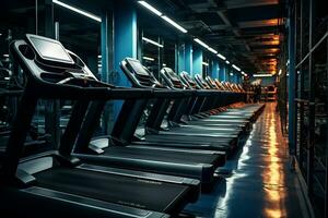 Portrait rows of treadmills in the gym. Various exercise machines in workout hall of modern gym interior. Fitness, healthy, gym concept. Generative AI photo