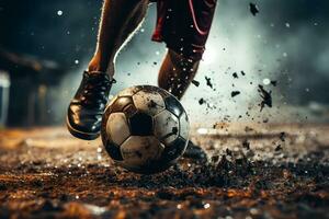 Photo close up of foot kicks the ball. Leg in boot playing football in a muddy field. Soccer kids player with ball. Generative AI