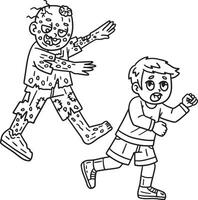 Zombie Chasing A Child Isolated Coloring Page vector