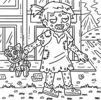 Zombie Girl with Plushie Coloring Pages for Kids vector