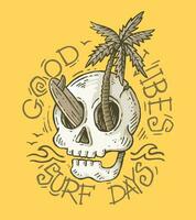 Handmade skull drawing with tropical and surf elements. Simple art for printing on t-shirts, posters, etc. vector