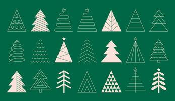 Set of abstract minimalist Christmas trees in flat and line style. Outline geometric Xmas symbols. Vector illustration