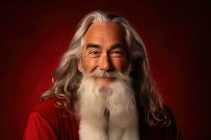 retrato de un antiguo hombre con largo gris pelo y barba. Papa Noel claus en un rojo antecedentes. generativo ai foto