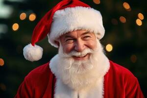 Portrait of happy senior man wearing santa claus clothes and looking at camera Generative AI photo