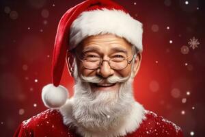christmas, holidays and people concept - smiling man in santa costume over red background Generative AI photo
