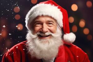 Portrait of happy Santa Claus in red suit over Christmas lights background. Generative AI photo