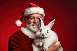 retrato de Papa Noel claus con un blanco Conejo en un rojo antecedentes generativo ai foto