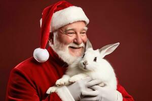 Portrait of Santa Claus with white rabbit on a red background. Generative AI photo