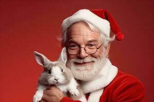 Portrait of Santa Claus with cute little bunny on red background. Generative AI photo