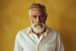 Portrait of senior man with white beard and mustache on yellow background Generative AI photo