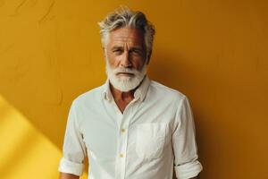 retrato de mayor hombre con gris pelo y barba en blanco camisa en pie en contra amarillo pared generativo ai foto