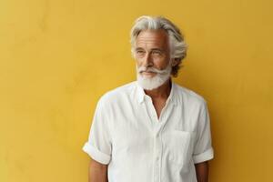 retrato de mayor hombre con gris barba y Bigote en blanco camisa en contra amarillo antecedentes generativo ai foto