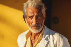 Portrait of an old man with gray hair and beard in a yellow shirt Generative AI photo