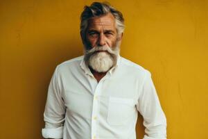Portrait of an old man with gray beard and mustache in a white shirt on a yellow background Generative AI photo