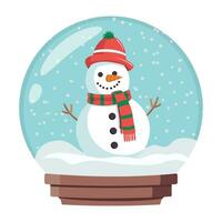 Cartoon Snow globe with Snowman in a red scarf and hat. Vector illustration. Winter seasonal flat vector illustration. Symbol of Christmas and happy New Year