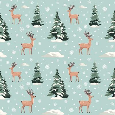 Wild deers in winter forest seamless pattern. Snowfall scene. Snowdrifts, pine trees. Vector wildlife illustration