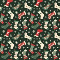 Christmas socks seamless pattern on a green background. Vector illustration. Design for festive wrapping or textile