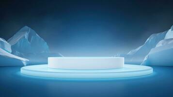 Abstract blue background with podium and mountains. 3d render illustration. Generative AI photo