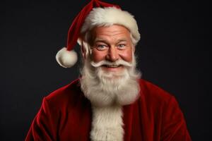 Portrait of senior man in Santa Claus costume on dark background. Generative AI photo