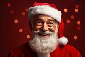 Portrait of happy senior man in santa claus clothes over red background. Generative AI photo