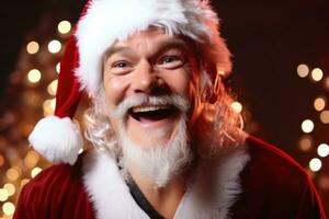 Portrait of happy santa claus with christmas lights on background Generative AI photo