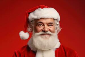 Portrait of happy senior man in Santa Claus costume on red background. Generative AI photo