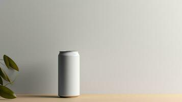 Mockup of a blank white thermos bottle on a beige background. 3d rendering Generative AI photo