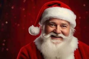 Portrait of Santa Claus on red background. Christmas and New Year concept. Generative AI photo