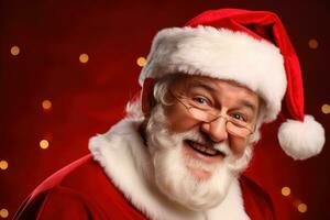 Portrait of smiling Santa Claus in red suit and glasses on red background. Generative AI photo