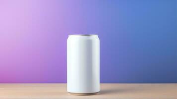 Blank white soda can mockup on wooden table. 3d rendering Generative AI photo
