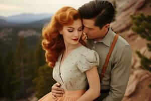 joven Pareja en amor en el antecedentes de montañas. retro estilo. generativo ai foto