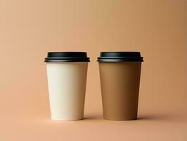 Two paper coffee cups with black cap isolated on orange background. 3d render Generative AI photo