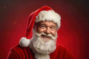 Santa Claus portrait on red background. Christmas and New Year concept. Generative AI photo