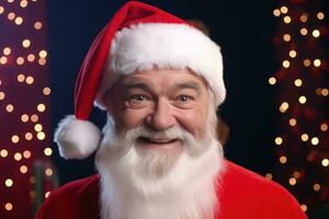 Portrait of happy senior man in Santa Claus costume over Christmas lights background. Generative AI photo