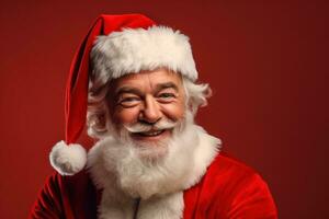 Portrait of happy Santa Claus on red background. Christmas and New Year concept. Generative AI photo