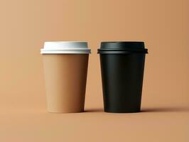 Two paper coffee cups isolated on orange background. 3d rendering. Generative AI photo
