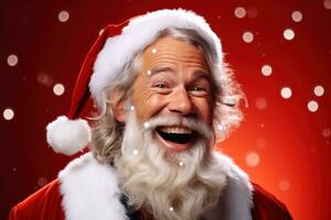 christmas, holidays and people concept - close up of santa claus face over red background Generative AI photo