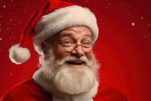 Portrait of happy Santa Claus in eyeglasses on red background. Generative AI photo