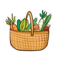 Basket full of vegetables vector illustration outlined isolated on square white background. Textured simple flat cartoon art styled drawing.