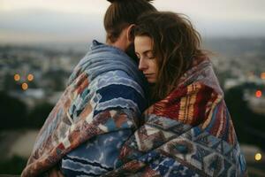 Young couple wrapped in a warm plaid looking at the city at sunset Generative AI photo