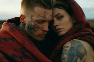 Beautiful young couple in love with tattoo on their bodies, covered with a red blanket. Generative AI photo