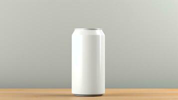 Blank white beer can mockup on wooden table. 3d rendering Generative AI photo