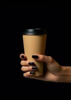 Female hand with black manicure holding paper cup of coffee on black background Generative AI photo