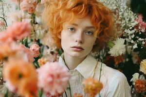 Portrait of a red-haired girl with freckles on her face. Generative AI photo