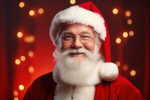 Portrait of Santa Claus on red background. Christmas and New Year concept. Generative AI photo