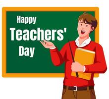 Happy teachers day with male teacher and chalkboard vector