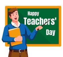 Happy teachers day with male teacher and chalkboard vector