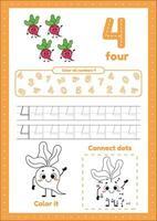 Many games on one page for preschool kids. Color page, dot to dot, trace. Learning number 4 vector