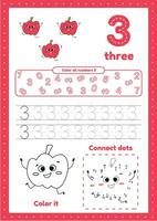 Many games on one page for preschool kids. Color page, dot to dot, trace. Learning number 3 vector