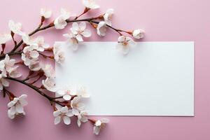 congratulatorio rosado antecedentes con decoración de flores y un blanco sábana de papel. tarjeta para de la madre día, marzo 8, cumpleaños. generativo ai foto